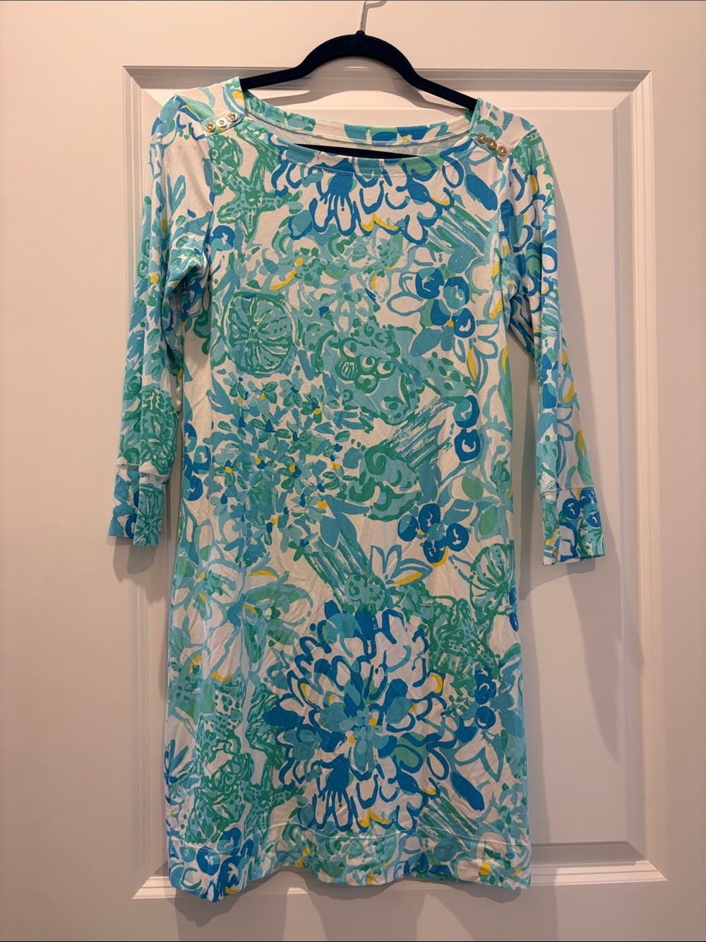 Lilly Pulitzer Aqua and Teal Floral Boatneck Dress